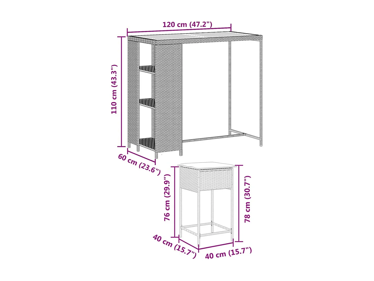 Ensemble de bar de jardin 3 pcs avec coussins noir poly rotin