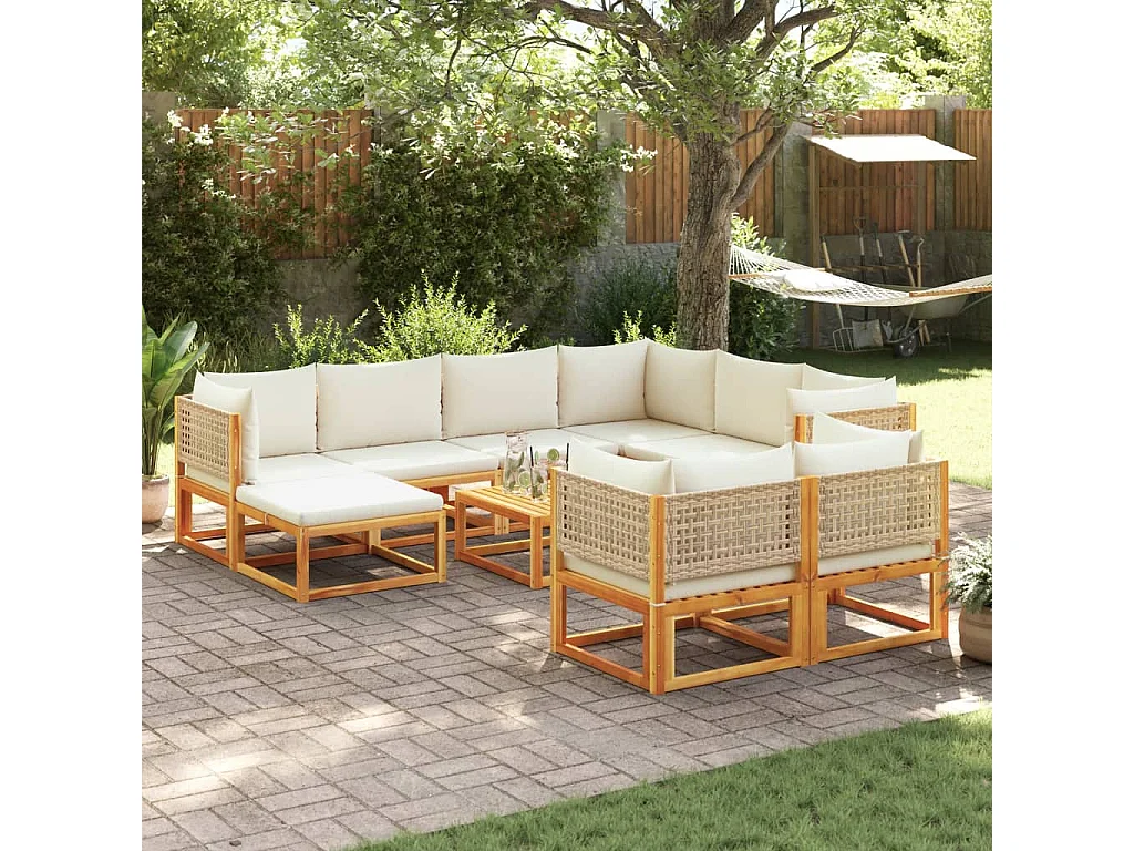 Salon de jardin avec coussins 10 pcs bois d'acacia solide