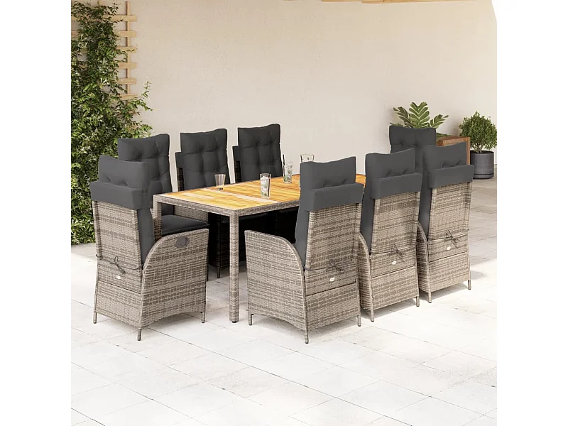 9-tlg. Garten-Essgruppe mit Kissen Grau Poly Rattan