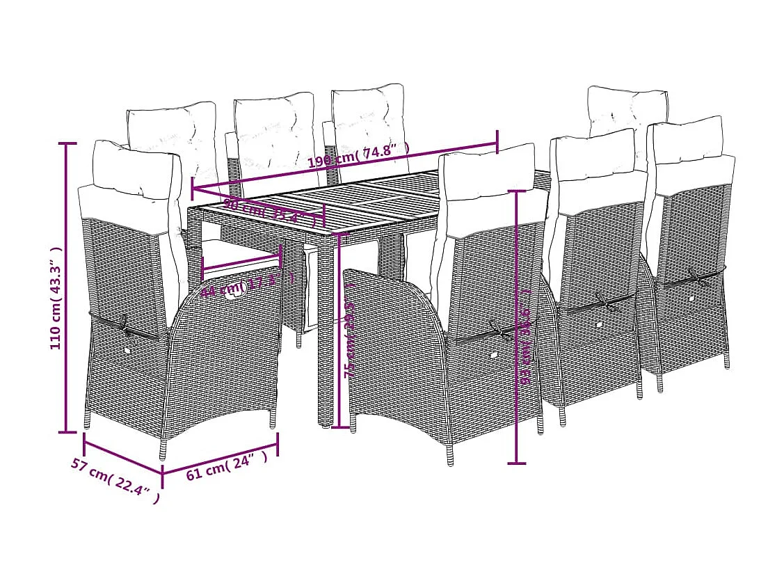 Set comedor jardín 9 pzas y cojines ratán sintético gris