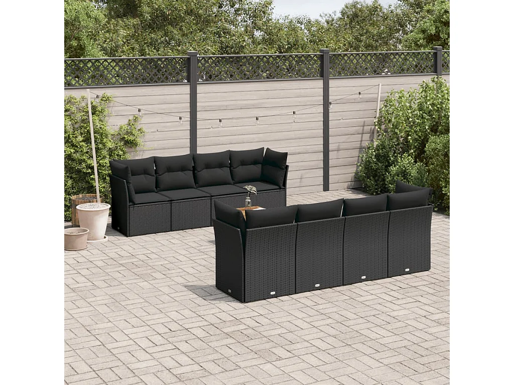 9-tlg. Garten-Sofagarnitur mit Kissen Schwarz Poly Rattan