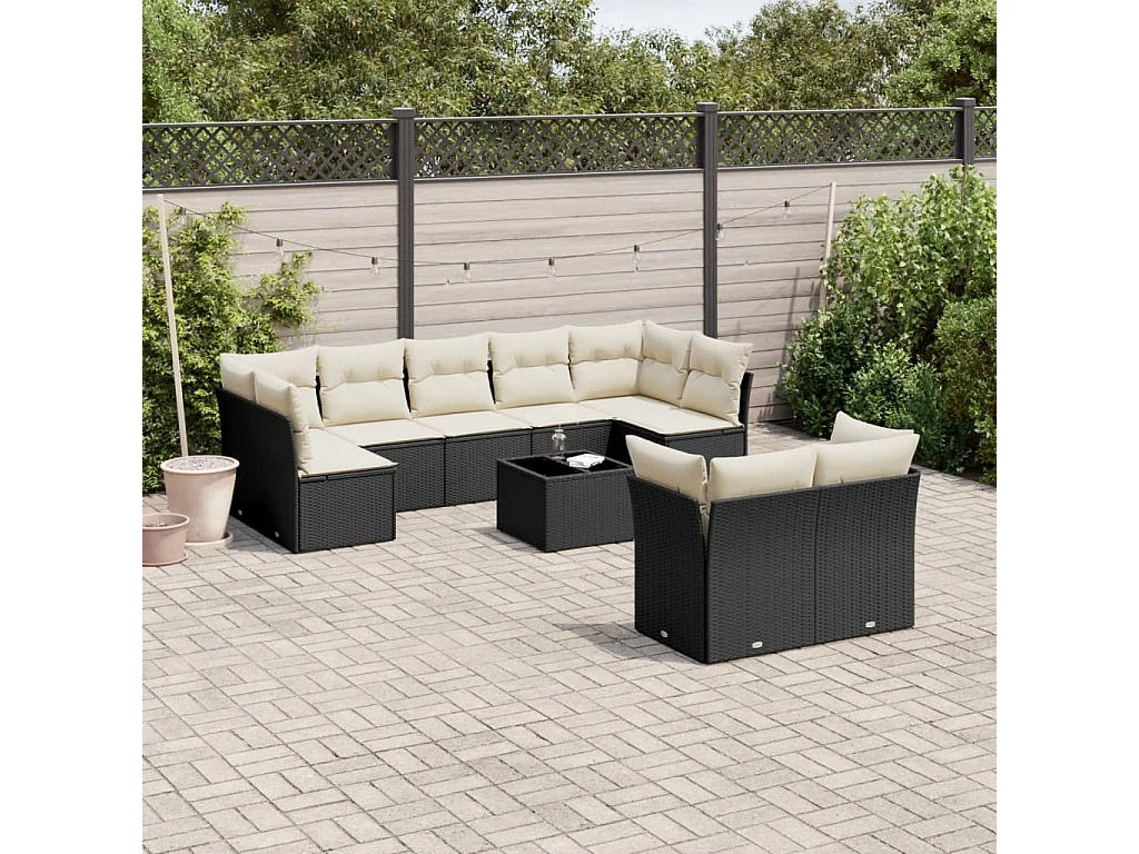 Set Divani da Giardino 10pz con Cuscini in Polyrattan Nero