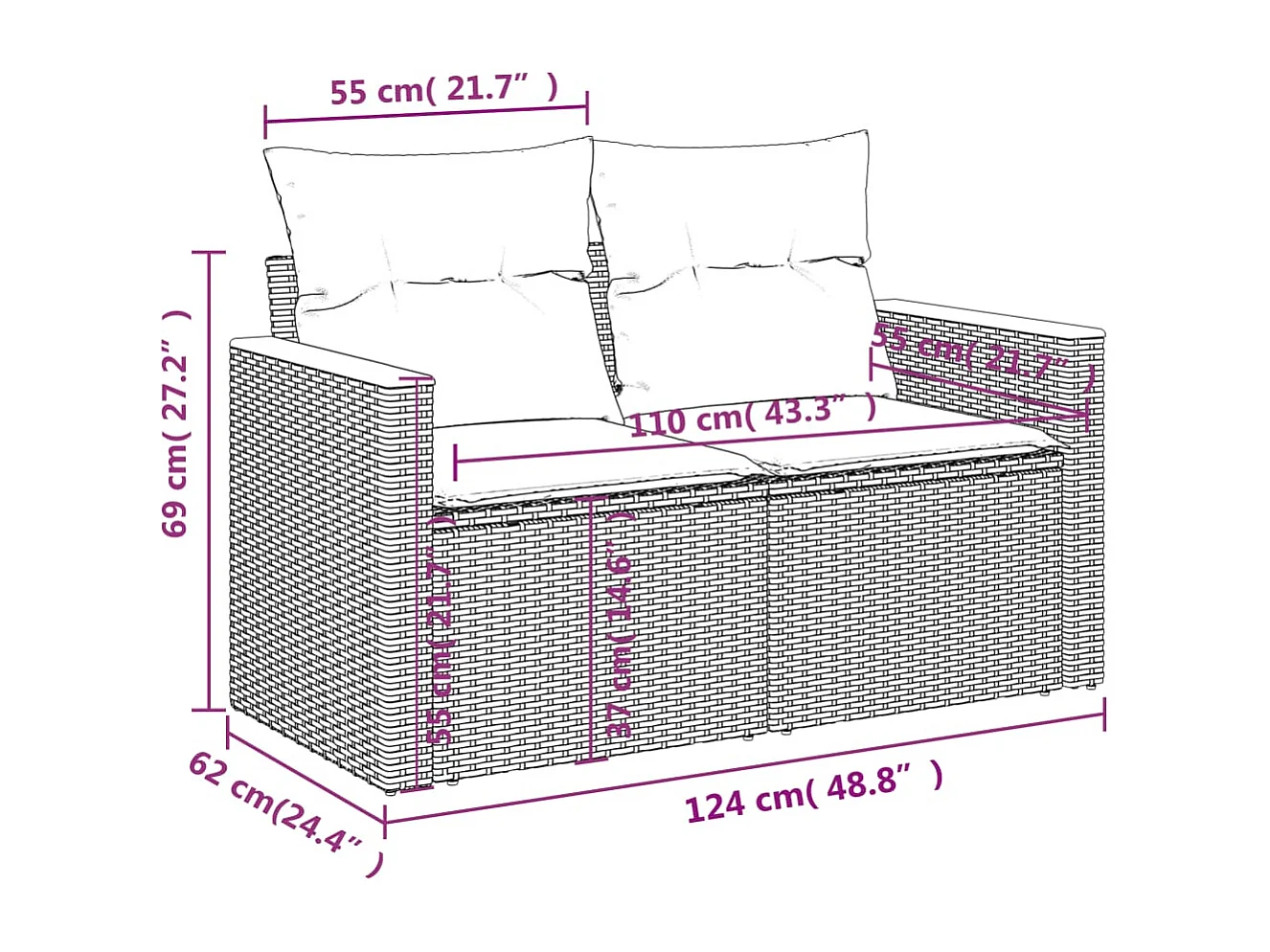 9-delige Loungeset met kussens poly rattan zwart
