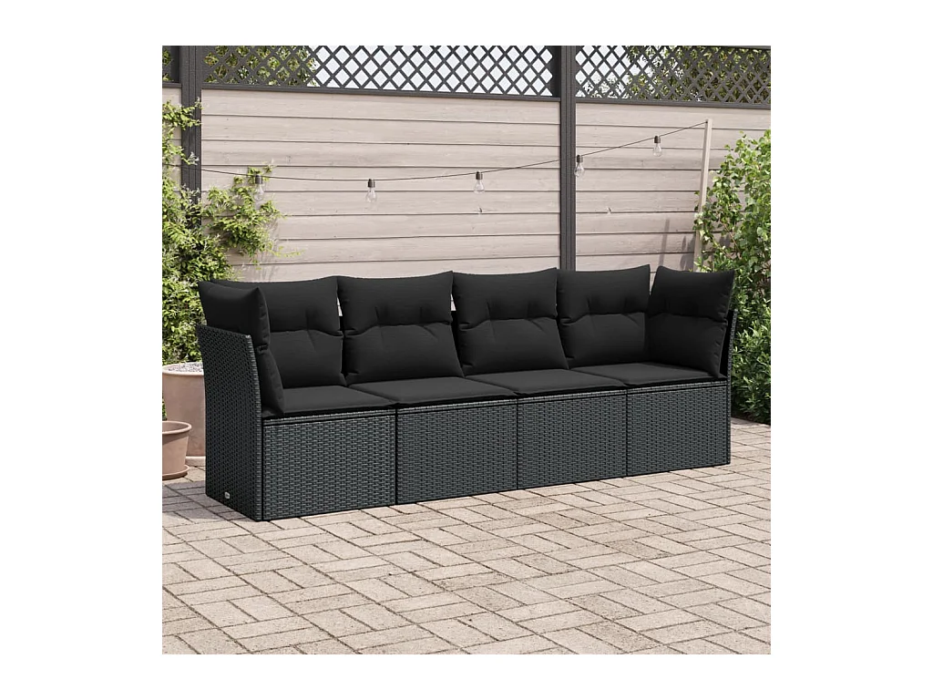 Salon de jardin 4 pcs avec coussins noir résine tressée