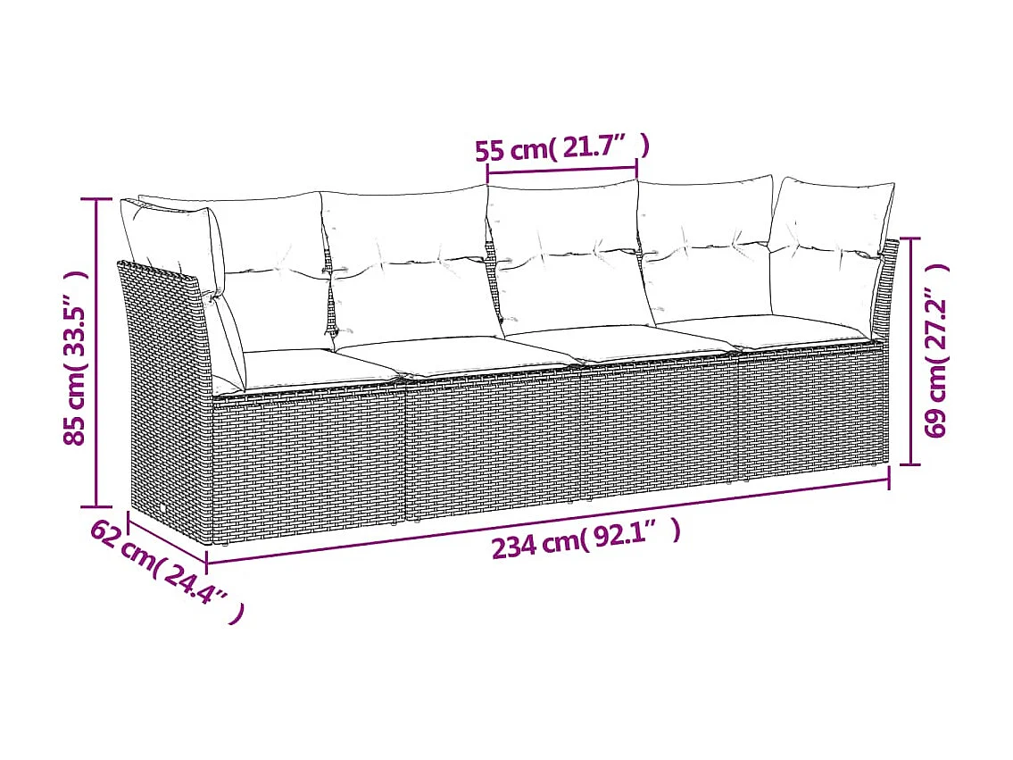 4 pcs conjunto de sofás para jardim c/ almofadões vime PE preto