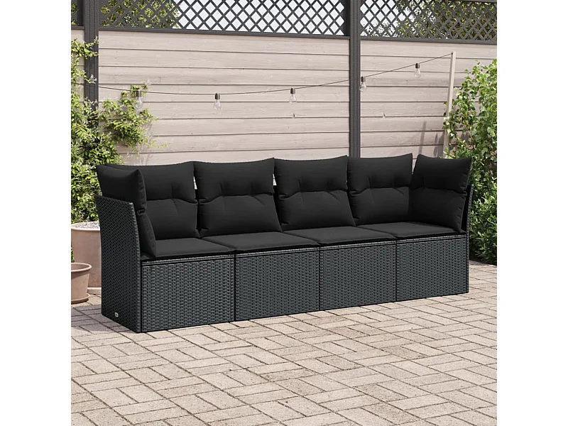 4 pcs conjunto de sofás para jardim c/ almofadões vime PE preto