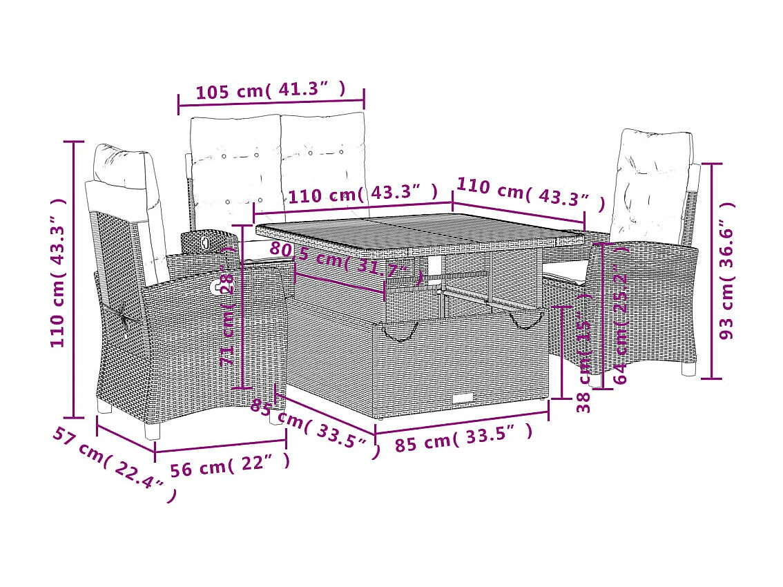 Ensemble à manger jardin 4pcs et coussins Gris Résine tressée