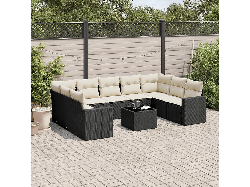 10-delige Loungeset met kussens poly rattan zwart