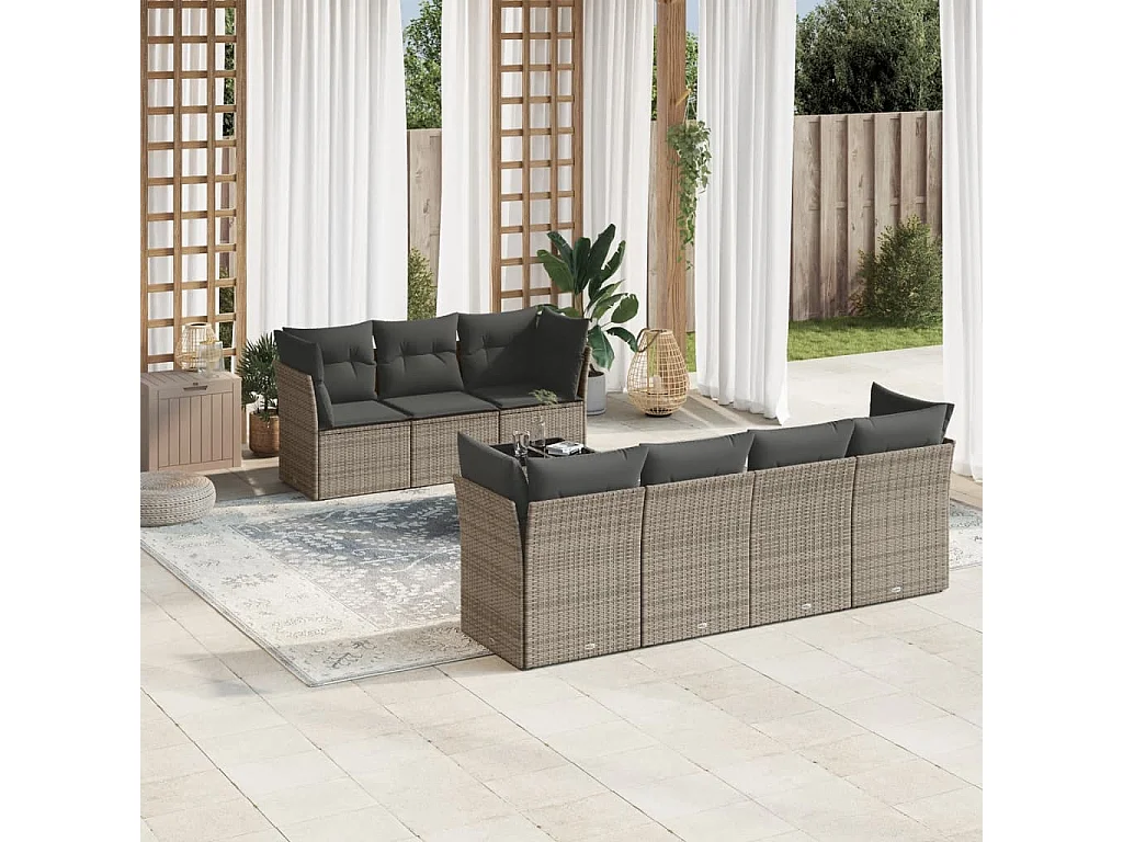 Salon de jardin 8 pcs avec coussins gris résine tressée