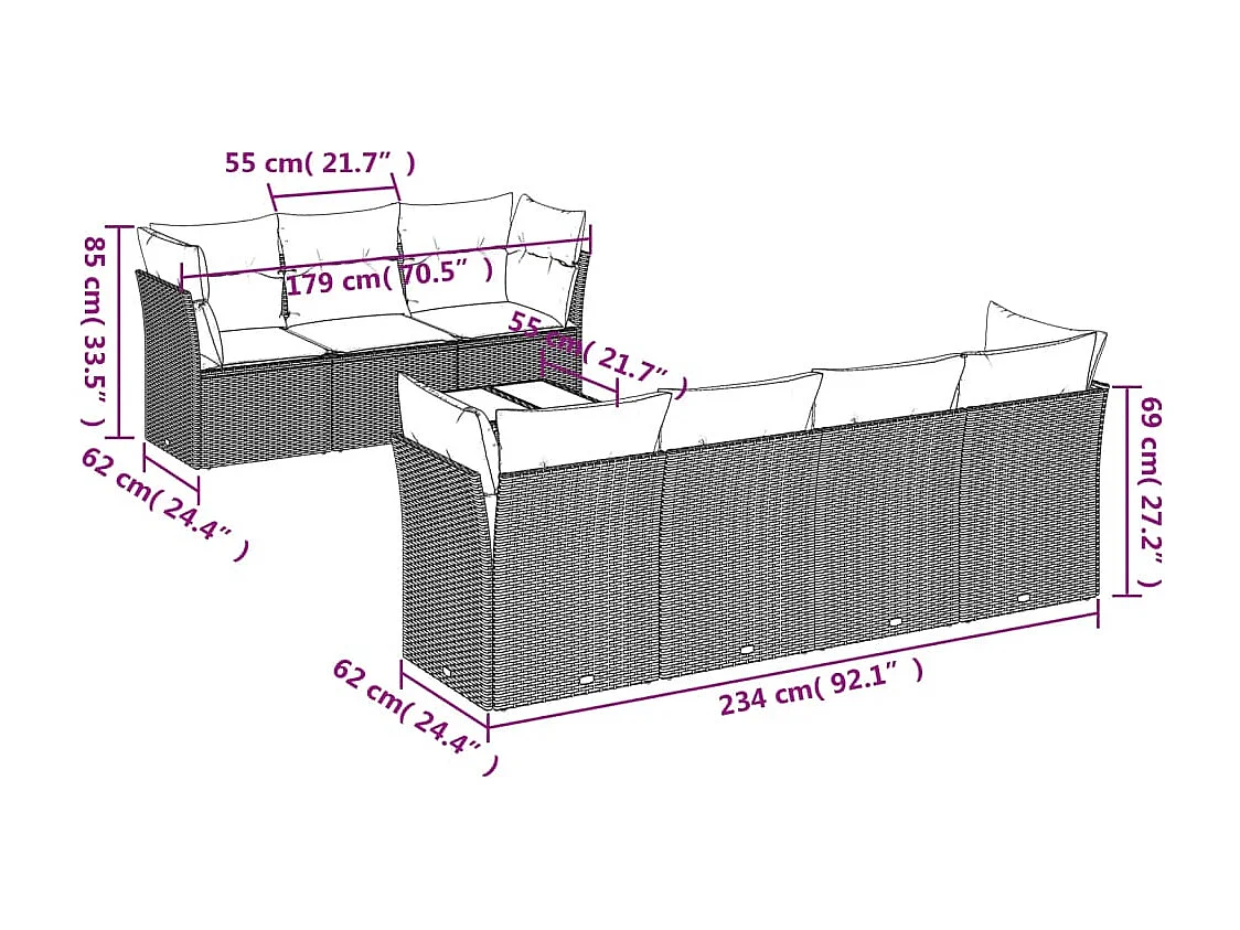 8 pcs conjunto sofás de jardim c/ almofadões vime PE cinzento