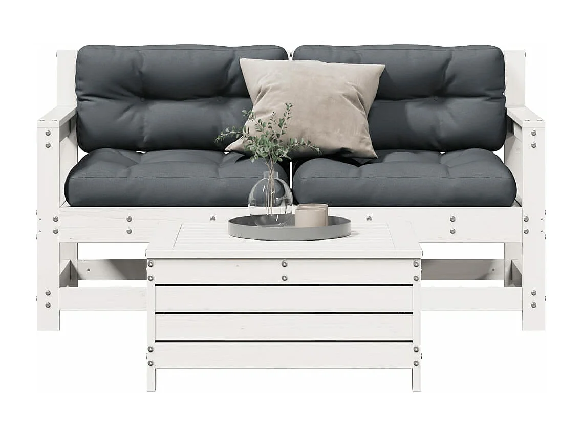 Salon de jardin 3 pcs avec coussins blanc bois de pin massif