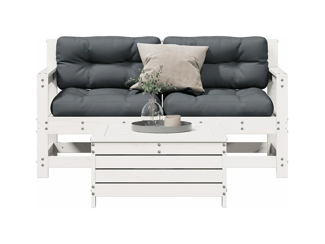 Salon de jardin 3 pcs avec coussins blanc bois de pin massif