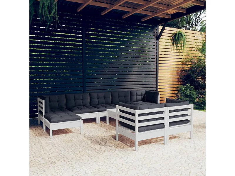 Muebles de jardín 10 pzas con cojines blanco madera maciza pino