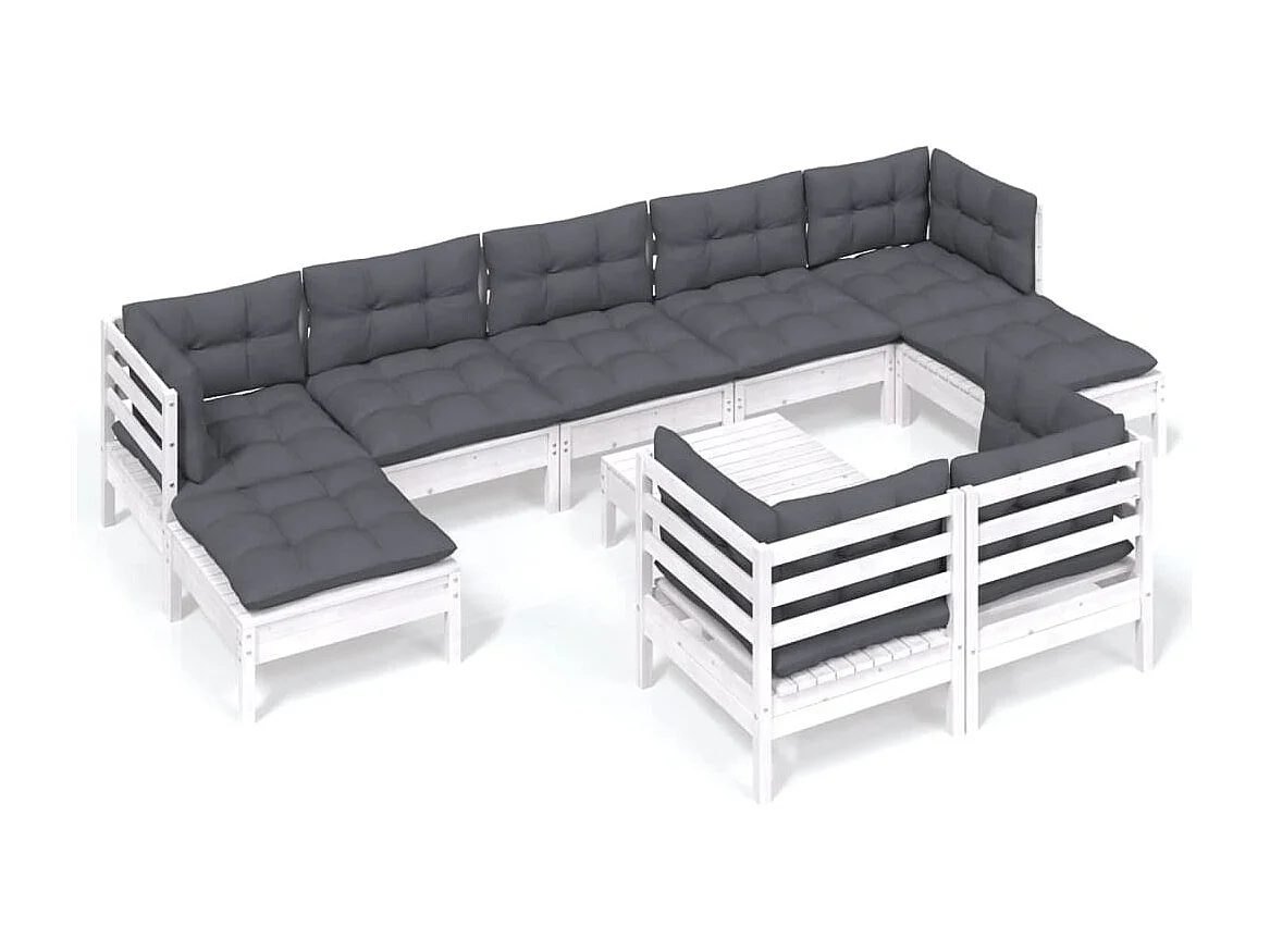 10 pcs conj. lounge de jardim c/ almofadões pinho maciço branco