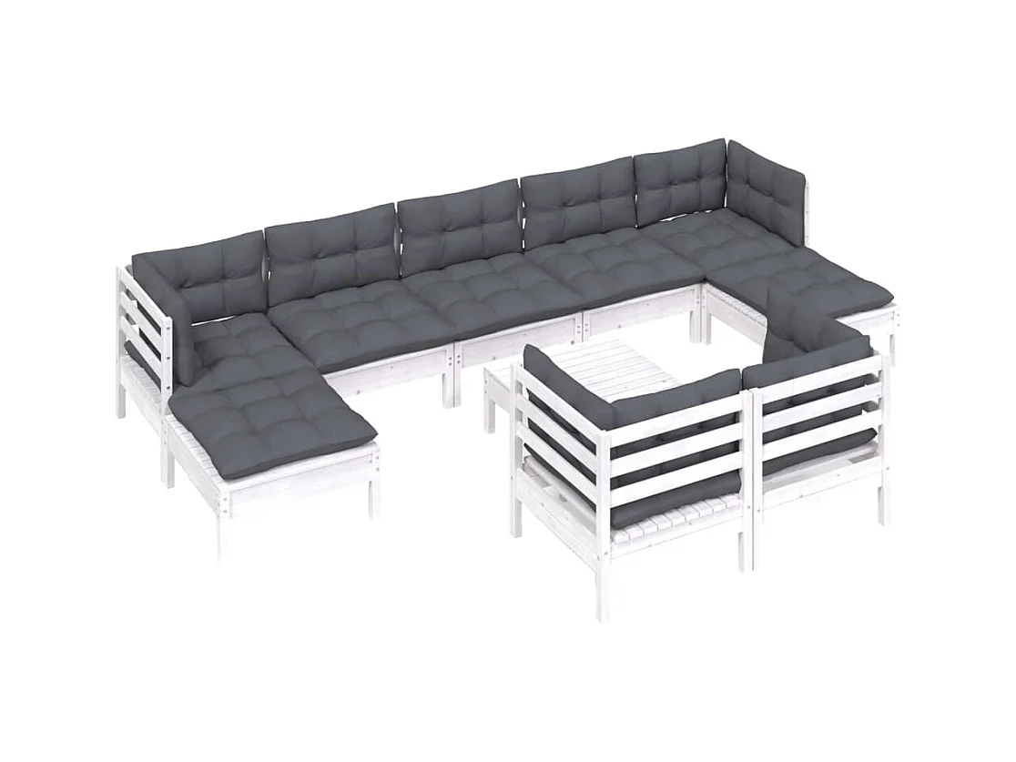 Salon de jardin 10 pcs avec coussins blanc bois de pin massif