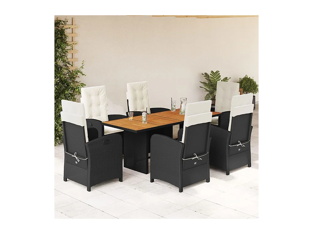 Set da Pranzo da Giardino 7 pz Nero con Cuscini in Polyrattan
