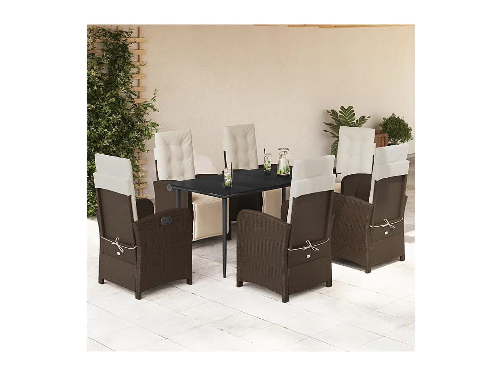 Set da Pranzo da Giardino 7pz con Cuscini in Polyrattan Marrone