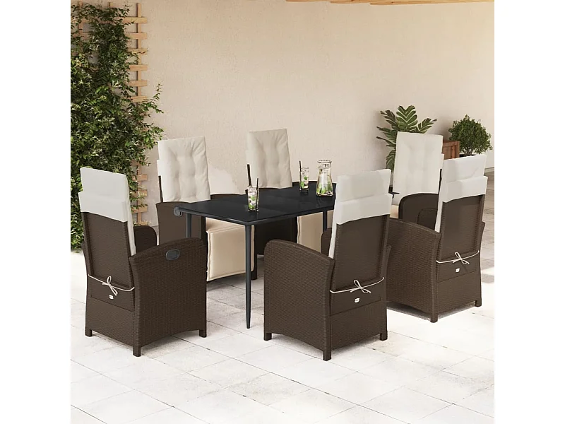 Set da Pranzo da Giardino 7pz con Cuscini in Polyrattan Marrone