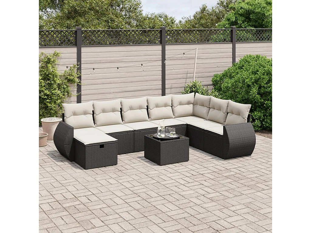 Set de sofás de jardín 8 piezas y cojines ratán sintético negro