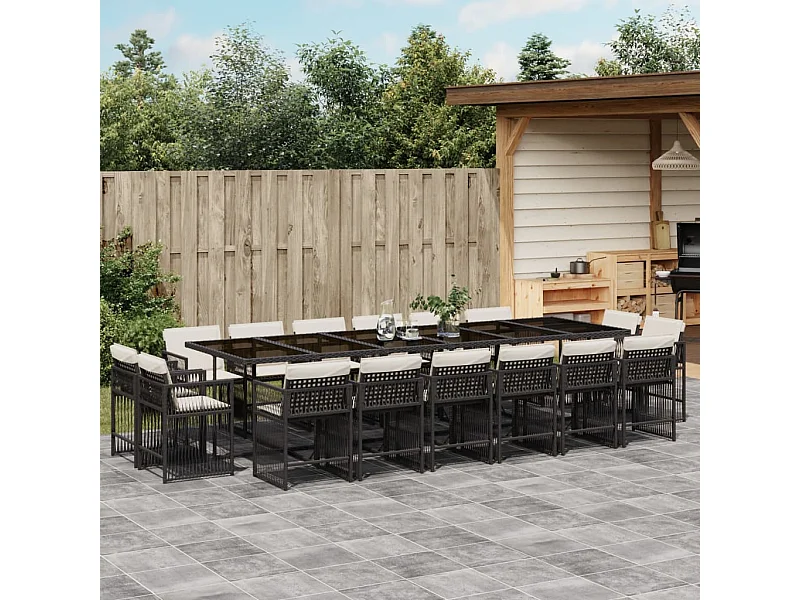 Set da Pranzo da Giardino 17 pz con Cuscini Nero in Polyrattan