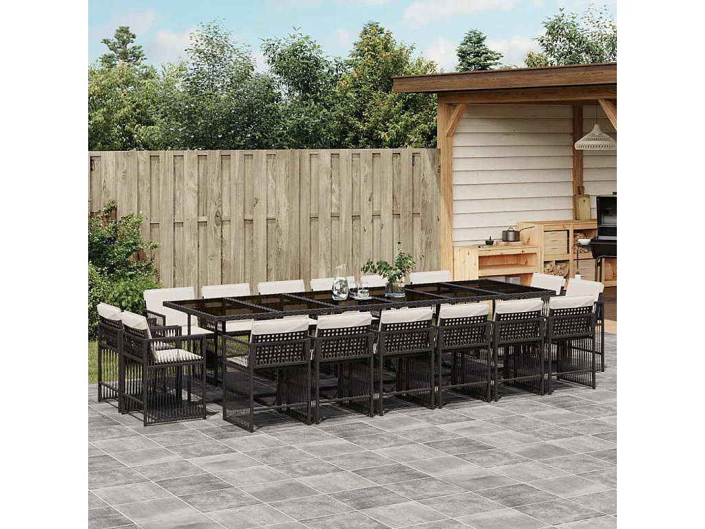 Set da Pranzo da Giardino 17 pz con Cuscini Nero in Polyrattan