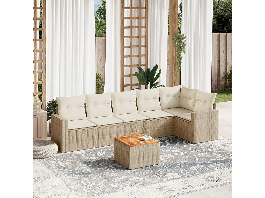 Salon de jardin avec coussins 7 pcs beige résine tressée