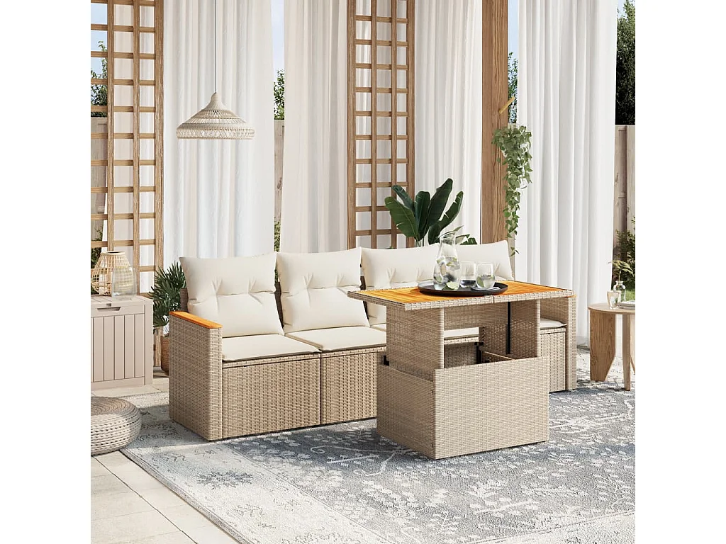 5-delige Loungeset met kussens poly rattan beige