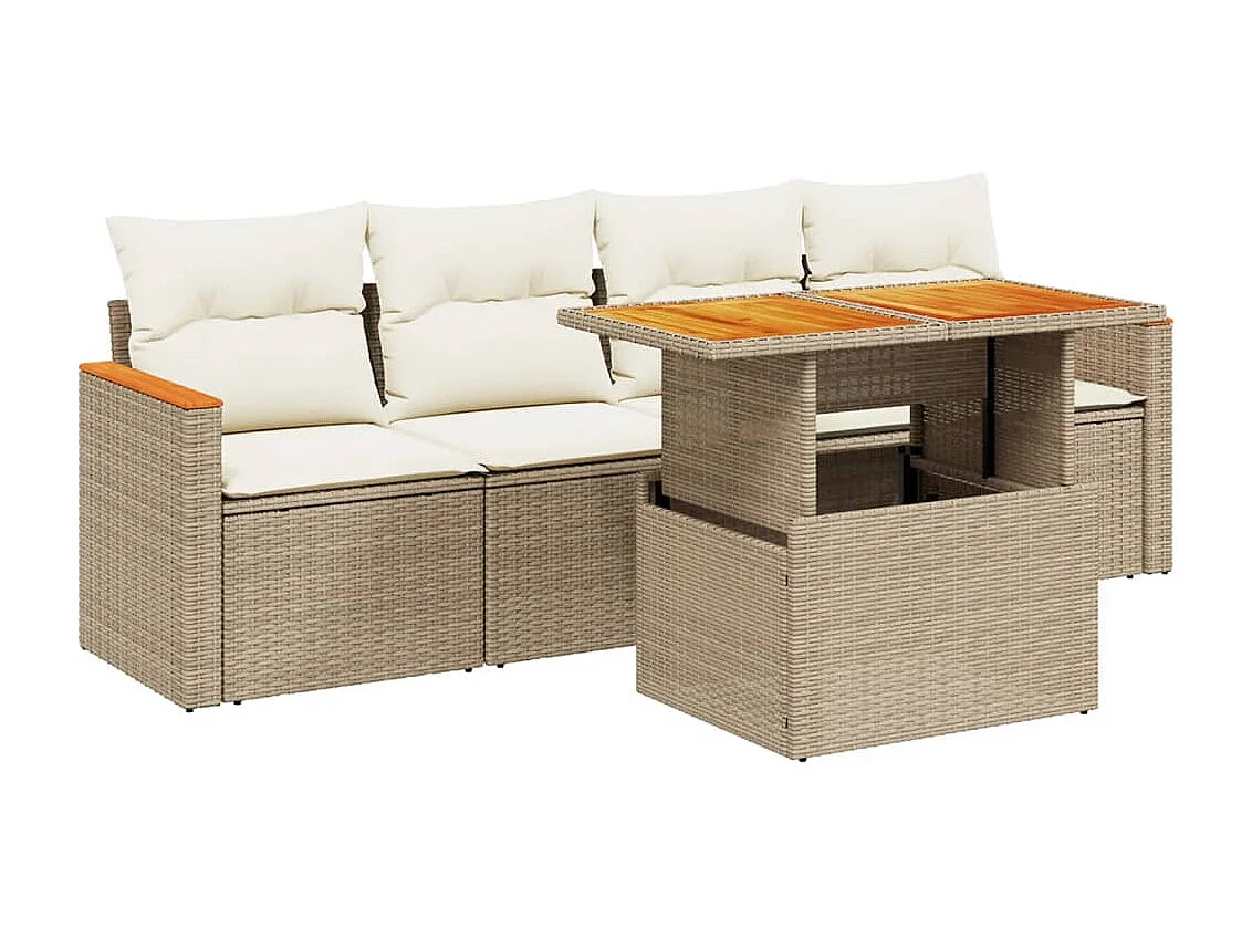 5-delige Loungeset met kussens poly rattan beige