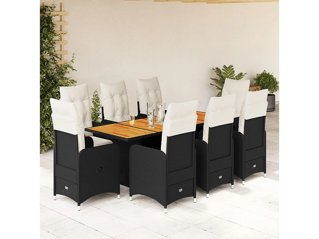 Ensemble de bistro de jardin 9 pcs coussins noir poly rotin