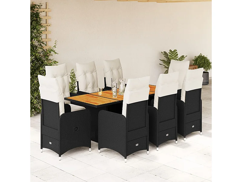 Ensemble de bistro de jardin 9 pcs coussins noir poly rotin