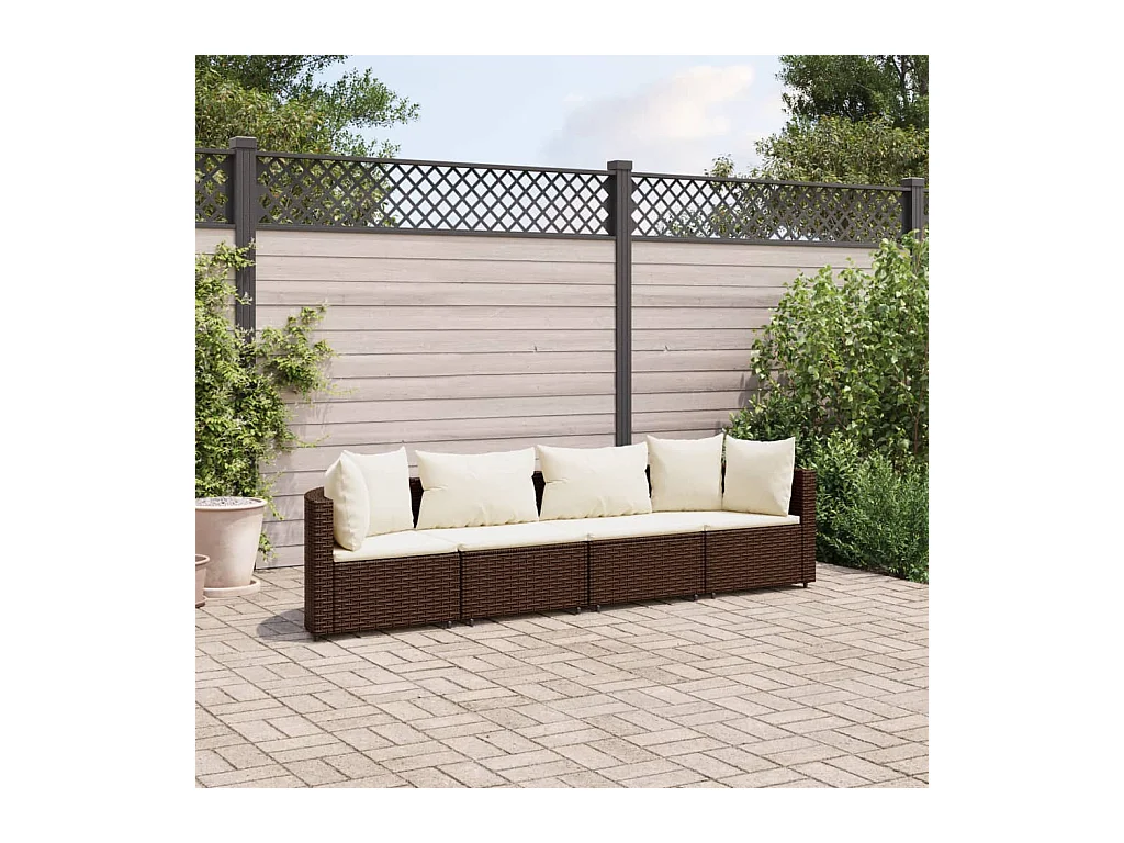 Set Divano da Giardino 4 pz con Cuscini Marrone in Polyrattan