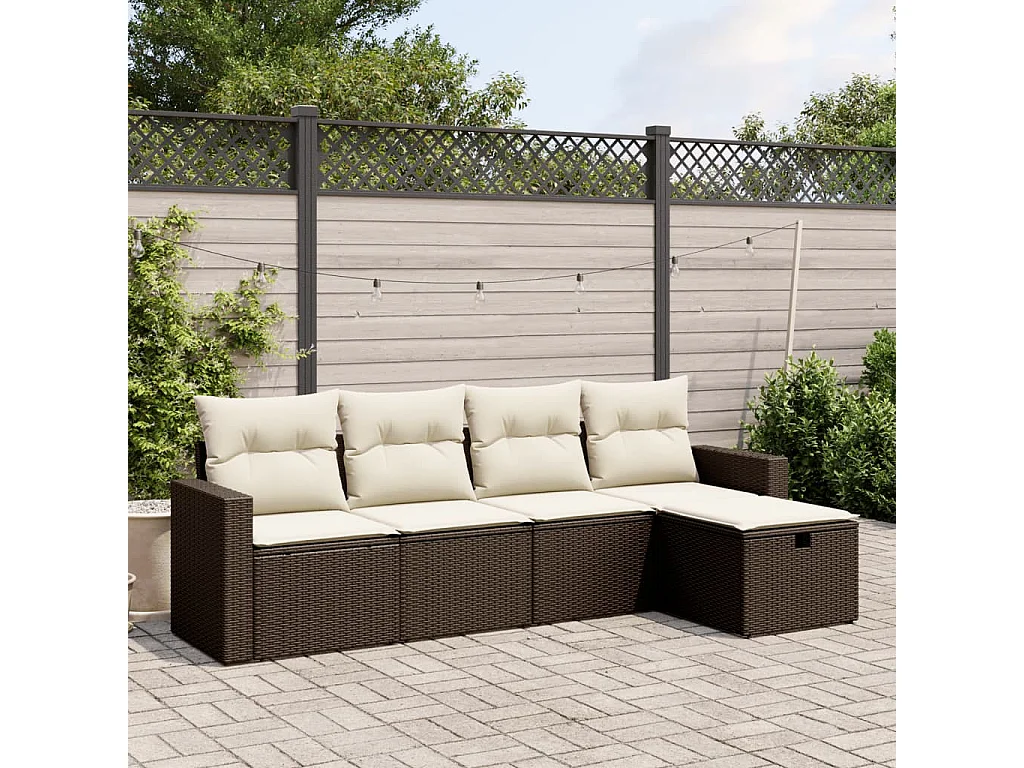 Set Divano da Giardino 5 pz con Cuscini Marrone in Polyrattan