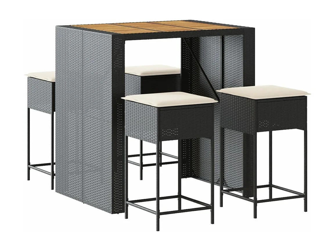 Ensemble de bar de jardin 5 pcs avec coussins noir poly rotin