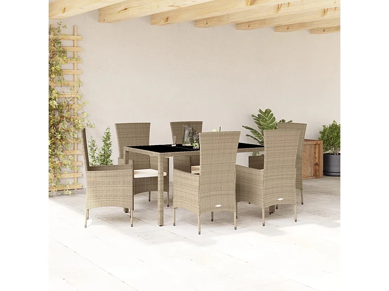 Set comedor de jardín 7 pzas con cojines ratán sintético beige