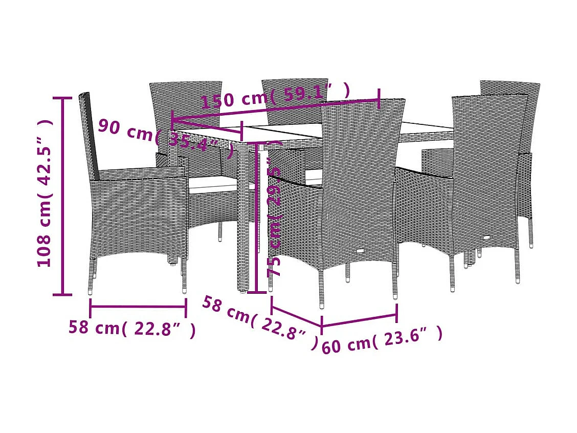 Set comedor de jardín 7 pzas con cojines ratán sintético beige