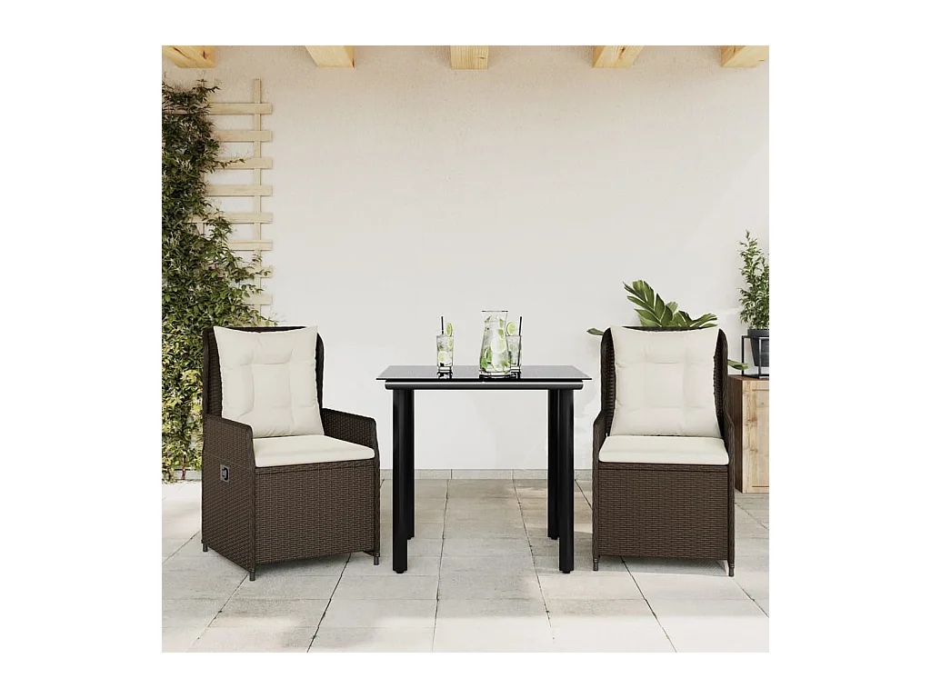 Set da Pranzo da Giardino 3pz con Cuscini in Polyrattan Marrone