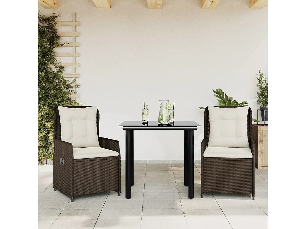 Ensemble à manger de jardin 3 pcs et coussins marron poly rotin