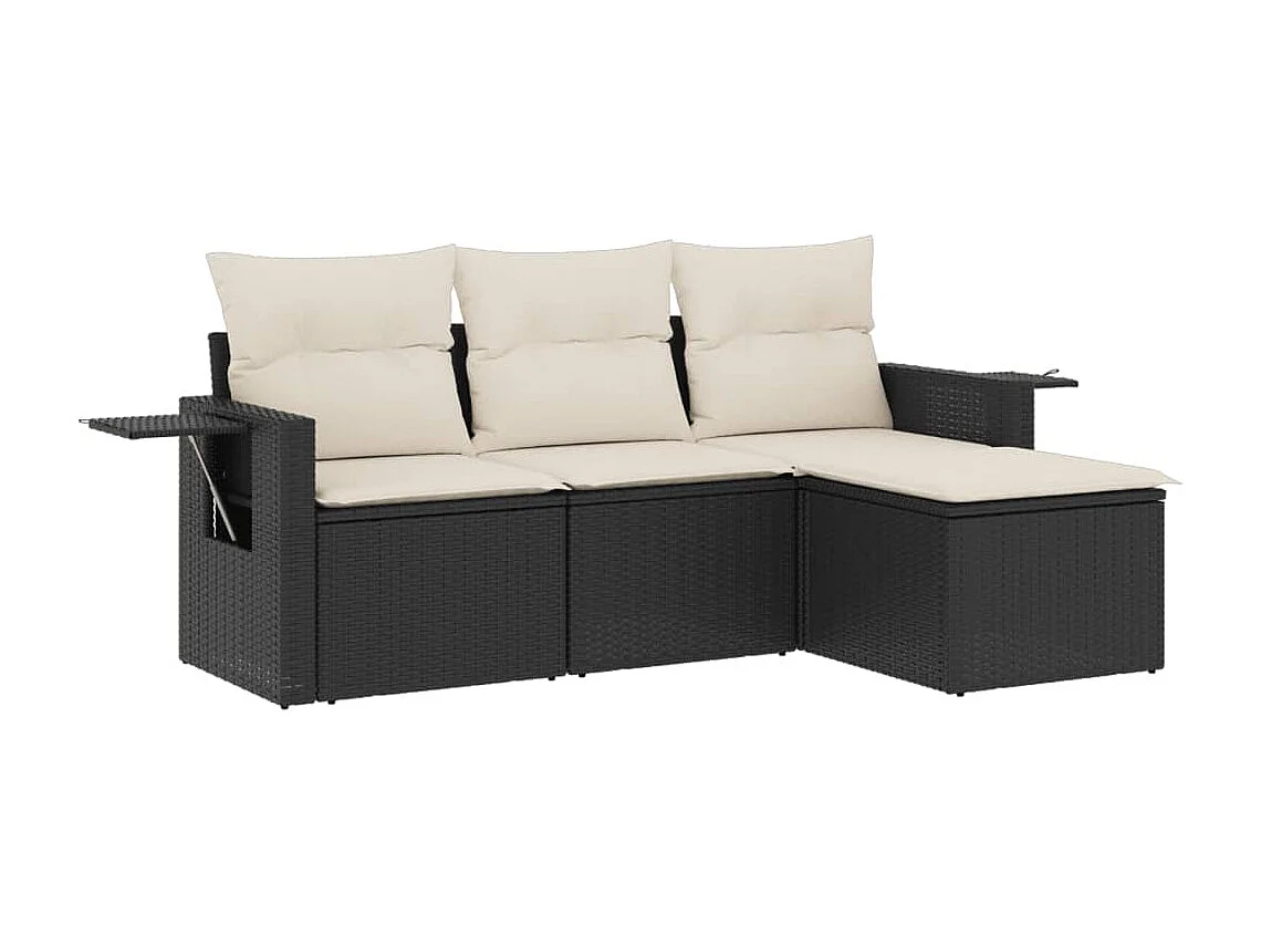 4-delige Loungeset met kussens poly rattan zwart