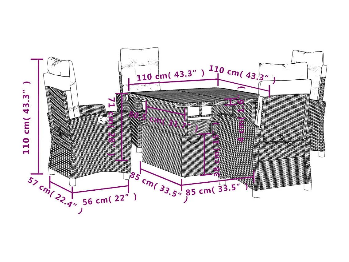Set da Pranzo da Giardino 5 pz Nero con Cuscini in Polyrattan