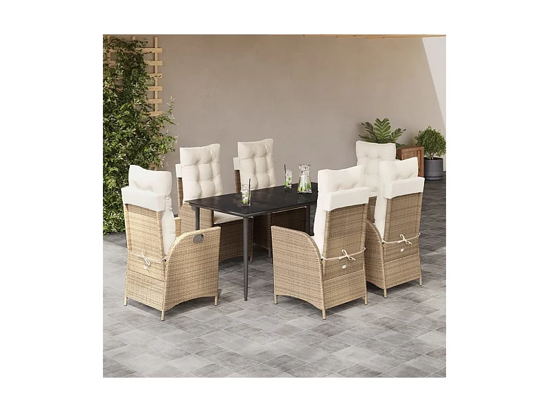 Ensemble à manger de jardin et coussins 7 pcs beige poly rotin