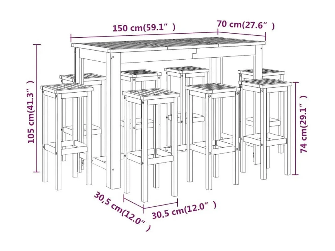 Ensemble de bar de jardin 9 pcs Bois d'acacia solide