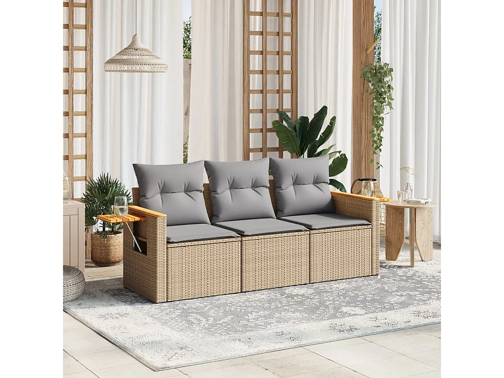 Set Divano da Giardino 3 pz con Cuscini Beige in Polyrattan