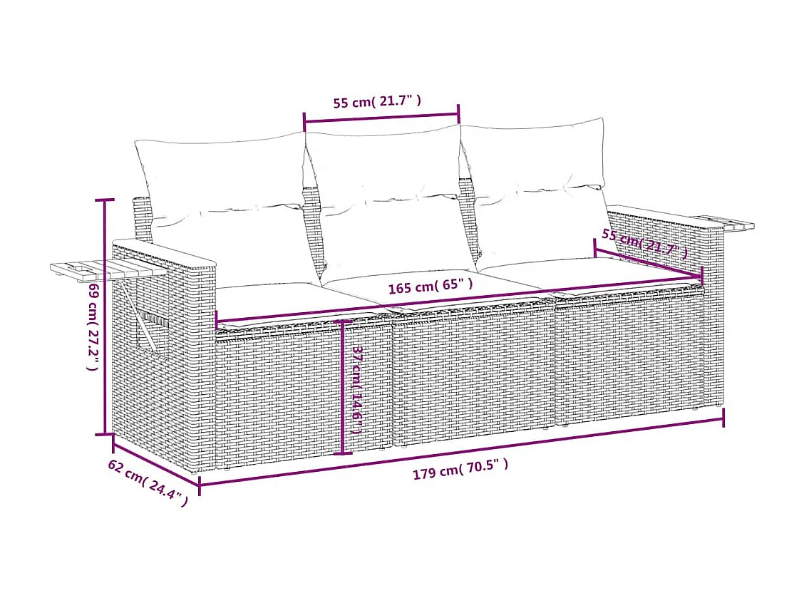 Set Divano da Giardino 3 pz con Cuscini Beige in Polyrattan