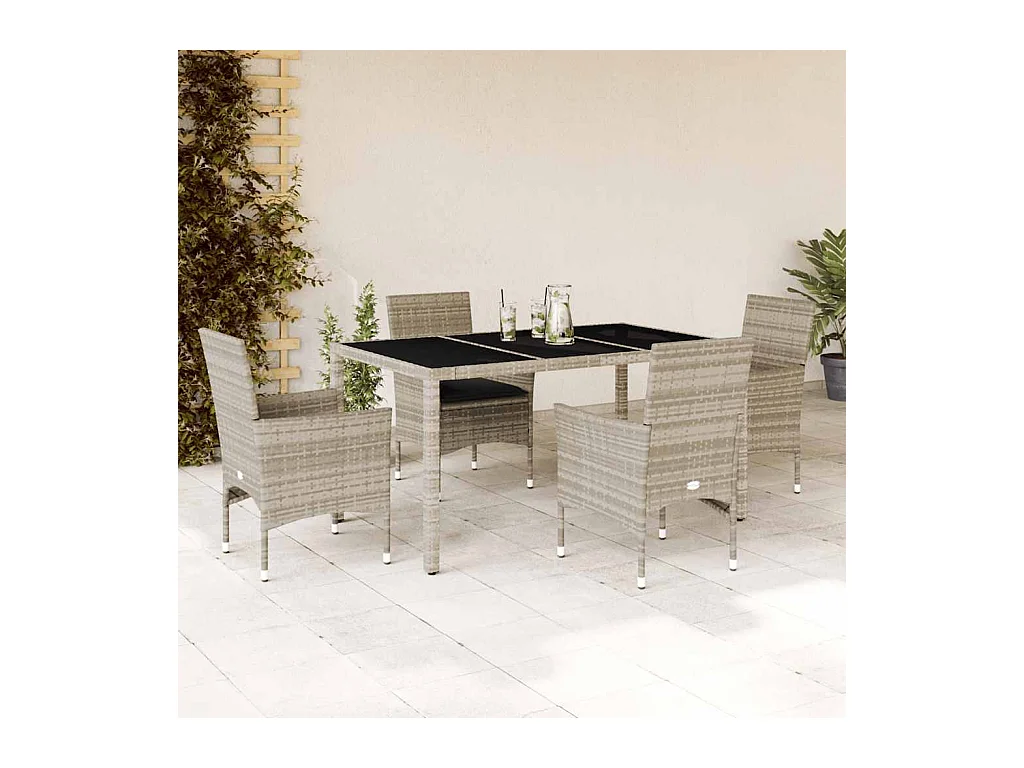 5-delige Tuinset met kussens poly rattan en glas lichtgrijs