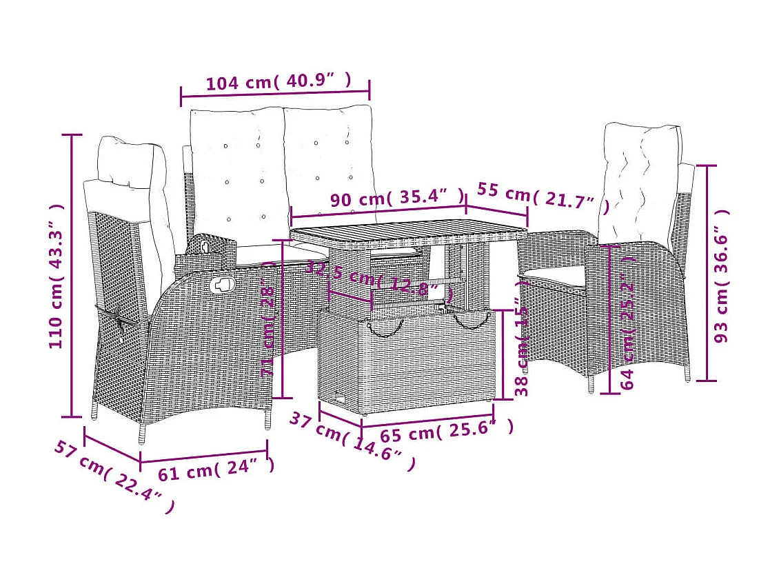 Ensemble à manger jardin 4pcs et coussins Gris Résine tressée