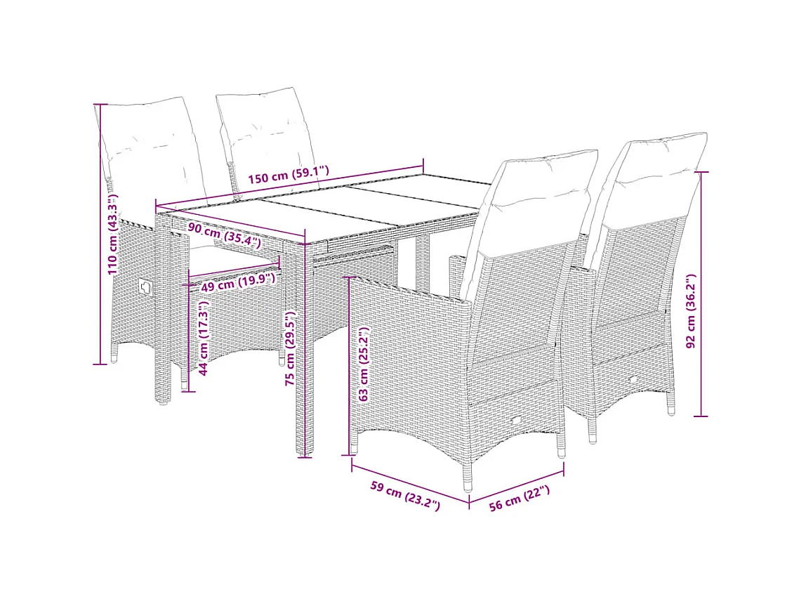 Ensemble à manger de jardin avec coussins 5pcs Beige poly rotin