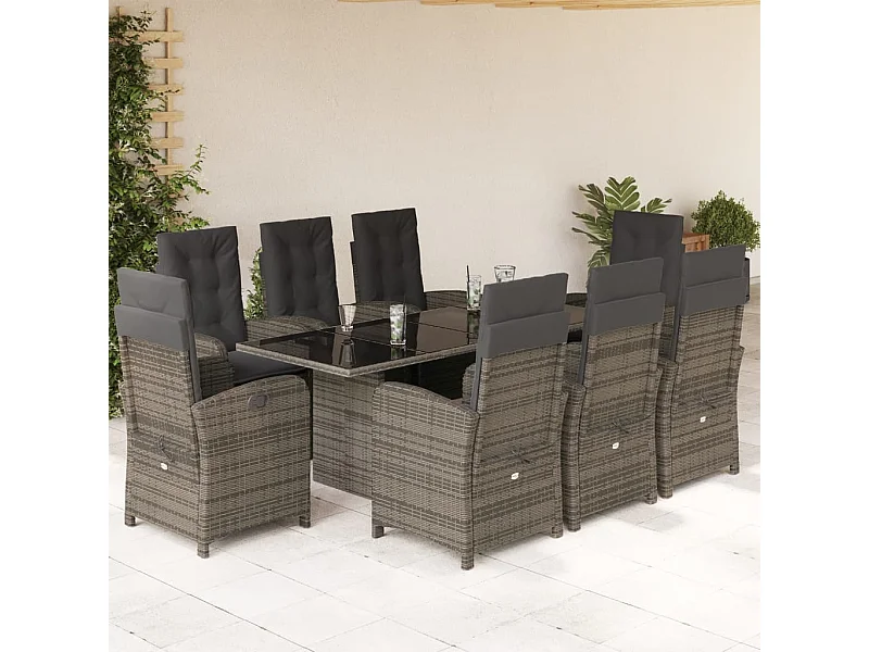 Set comedor jardín 9 pzas y cojines ratán sintético gris
