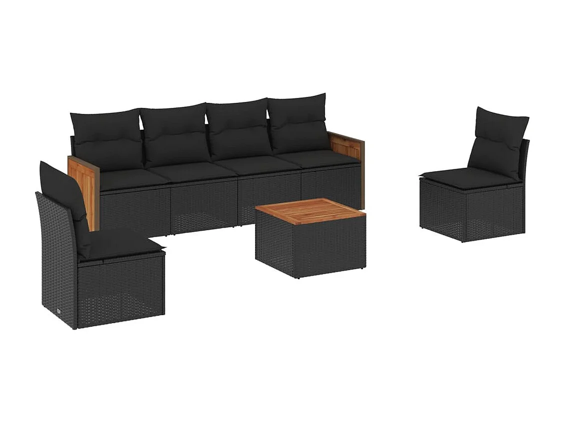 7-delige Loungeset met kussens poly rattan zwart