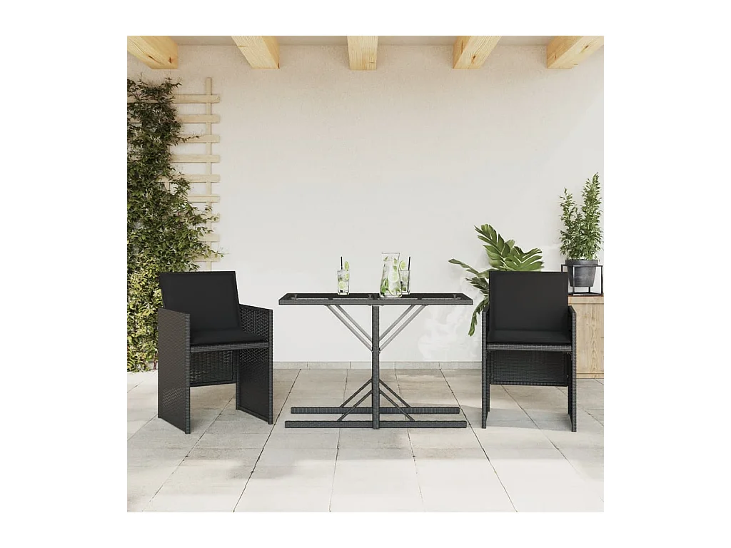 3 pcs conjunto de bistrô com almofadões vime PE preto