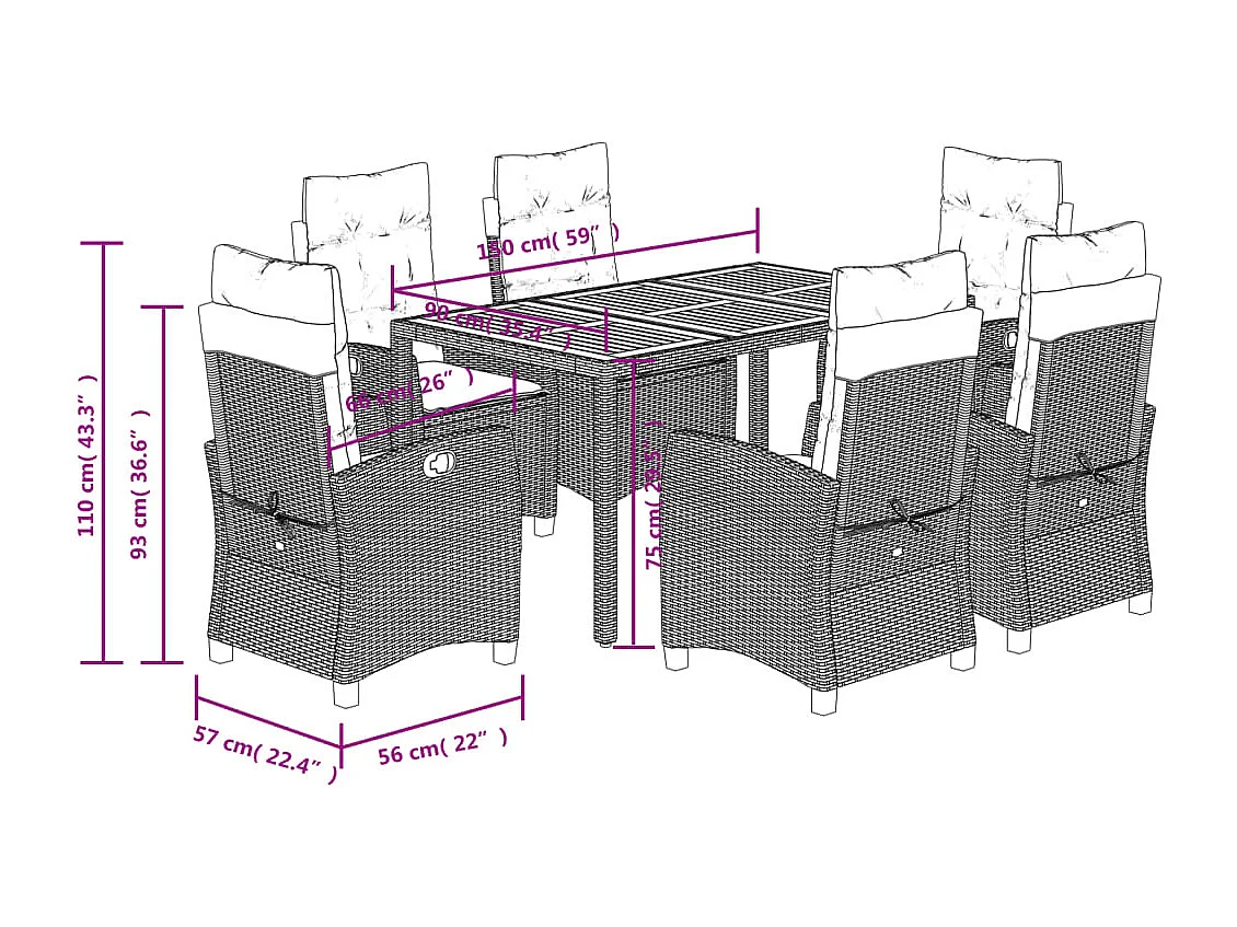 Set da Pranzo da Giardino 7 pz con Cuscini in Polyrattan Grigio